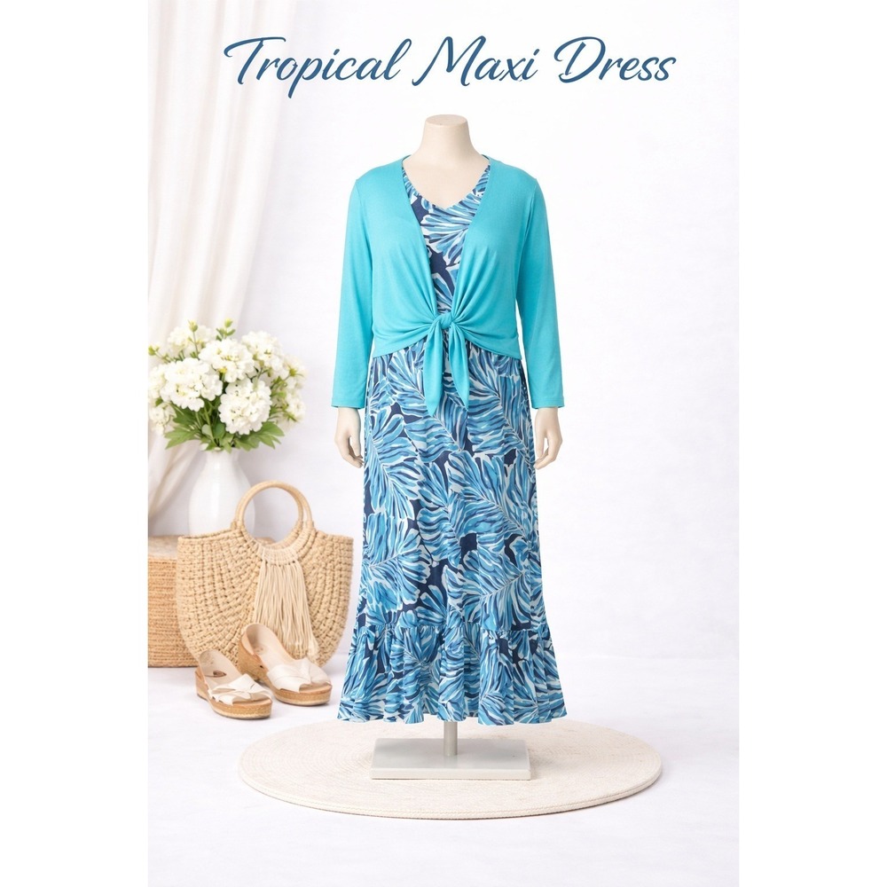 Belle by Kim‎ Gravel Better Together Dress & Shrug Set Peacock Palms Blue Small